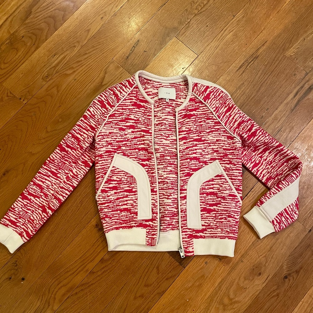 IRO red tweed and white leather bomber